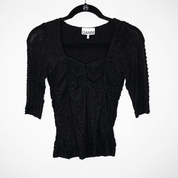 Ganni Ruched Stretch Lace Top Black Sweetheart Neckline Whimsigoth SZ 6 US - Picture 3 of 8